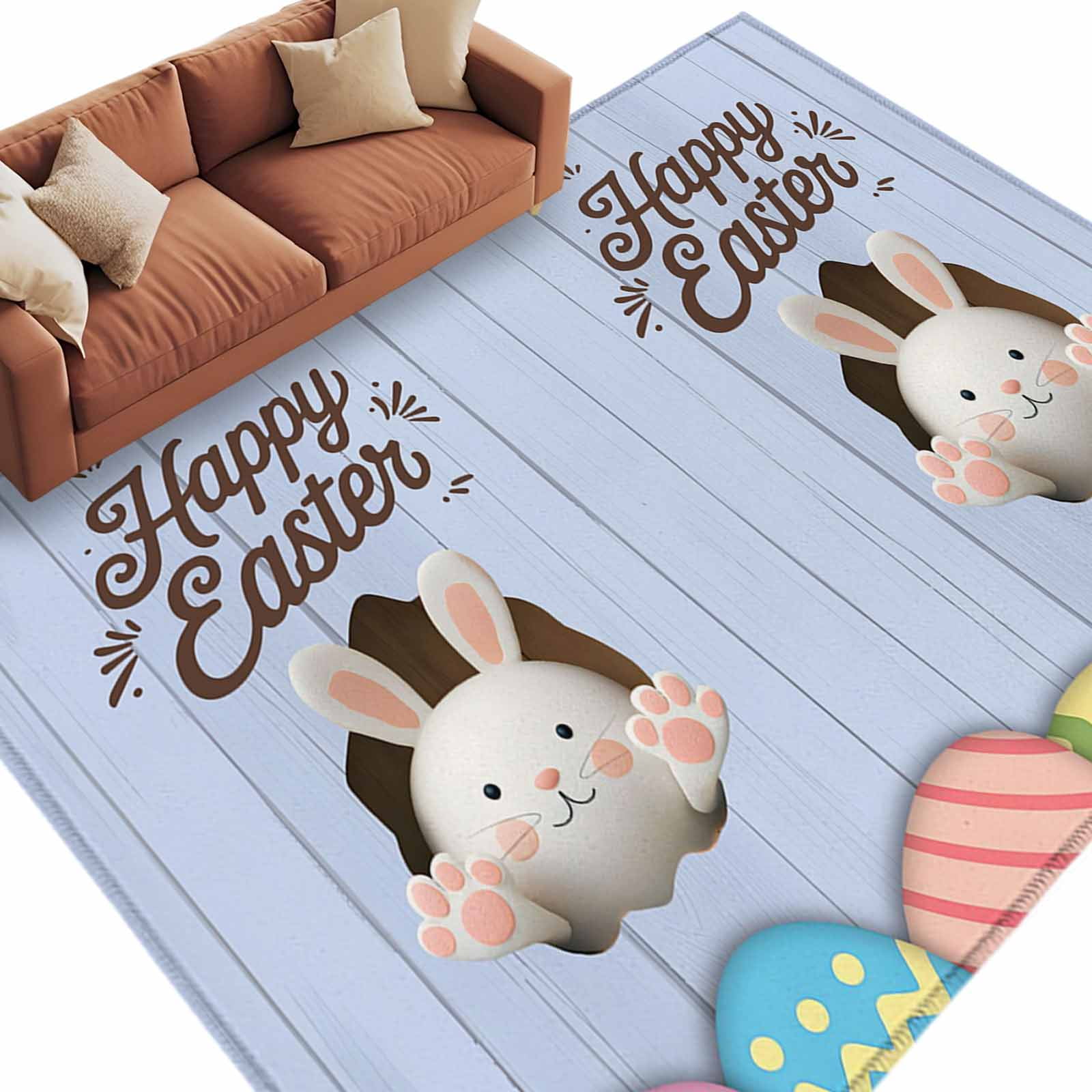 Easter Colors Rag Rug Blue Easter Area Rugs Collection 6'x9', Spring Cartoon Bunny Colorful ...