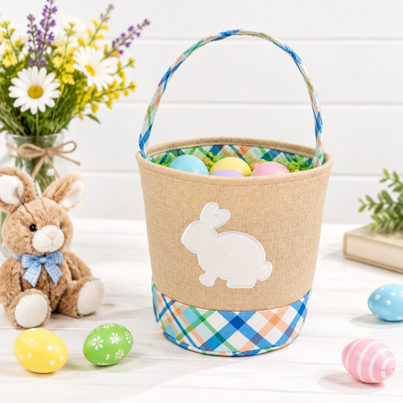 Blue Easter Basket with Felt Bunny Applique, Burlap Exterior, Plaid Liner, Foldable Handle