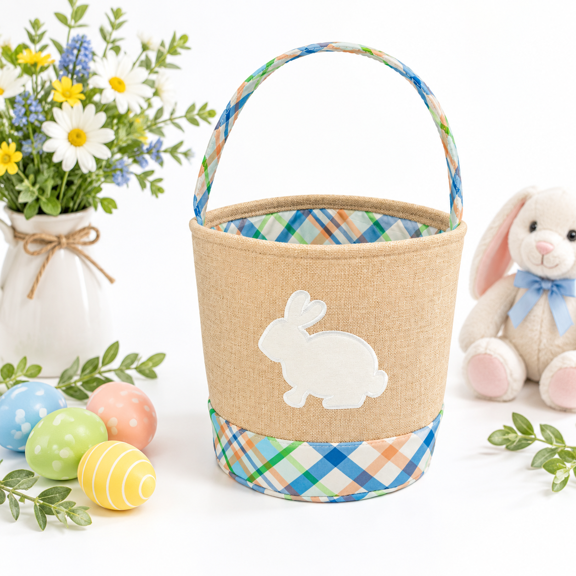 Blue Easter Basket with Felt Bunny Applique, Burlap Exterior, Plaid Liner, Foldable Handle
