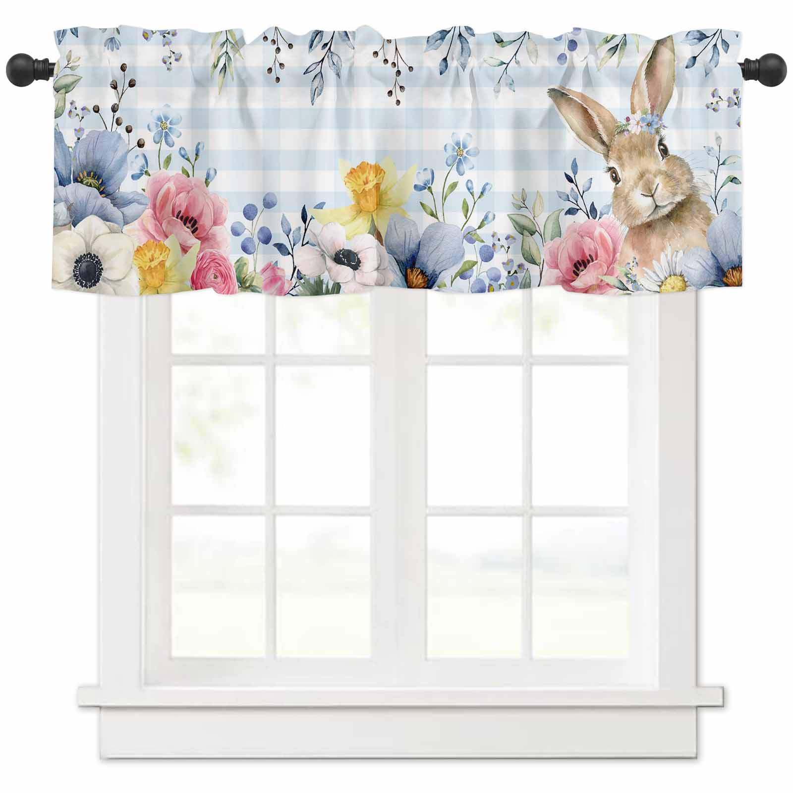 Blue Easter Bunny Curtain Valances for Windows Treatment Tier Curtains