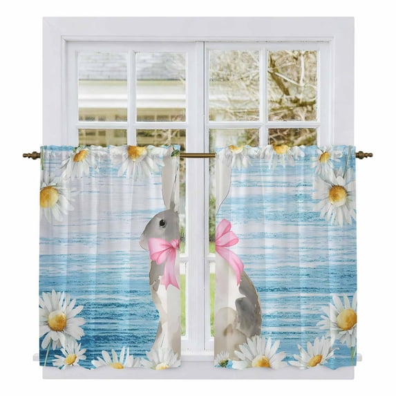 Blue Easter Bunny Kitchen Curtain for Berdoom Living Room Cafe 54 Inch Length, Spring Daisy Modern Ombre Striped Tiers Curtains Light Filtering Drapes Rod Pocket Window Treatment 2 Panels 52"Wx54"L