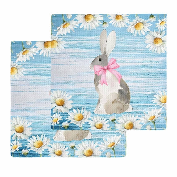 Blue Easter Bunny Kitchen Dish Towels for Drying Dishes Set of 2, Spring Daisy Modern Ombre Striped Waffle Weave Microfiber Hand Tea Bathroom Towels Quick Dry & Absorbent Towel 12x12