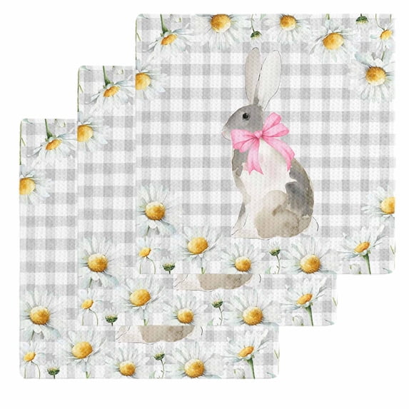 Blue Easter Bunny Kitchen Dish Towels for Drying Dishes Set of 3, Spring Daisy Modern Gray Buffalo Plaid Waffle Weave Microfiber Hand Tea Bathroom Towels Quick Dry & Absorbent Towel 12x12