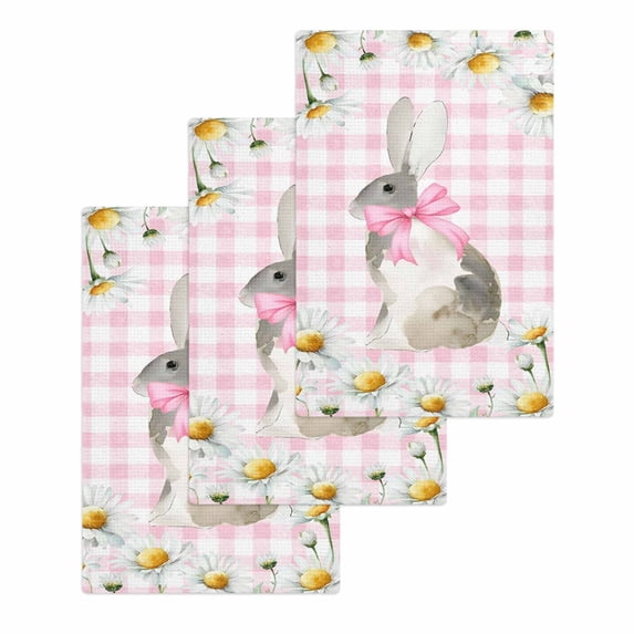 Blue Easter Bunny Kitchen Dish Towels for Drying Dishes Set of 3, Spring Daisy Modern Pink Buffalo Plaid Waffle Weave Microfiber Hand Tea Bathroom Towels Quick Dry & Absorbent Towel 15.7x23.6