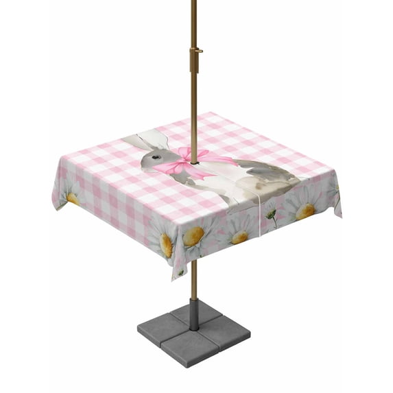 Blue Easter Bunny Outdoor Tablecloth - 54x54 Inch Square Dining Table Cover, Spring Daisy Modern Pink Buffalo Plaid Waterproof Outdoor Table Cloth with Umbrella Hole & Zipper for Picnic/Patio/Party