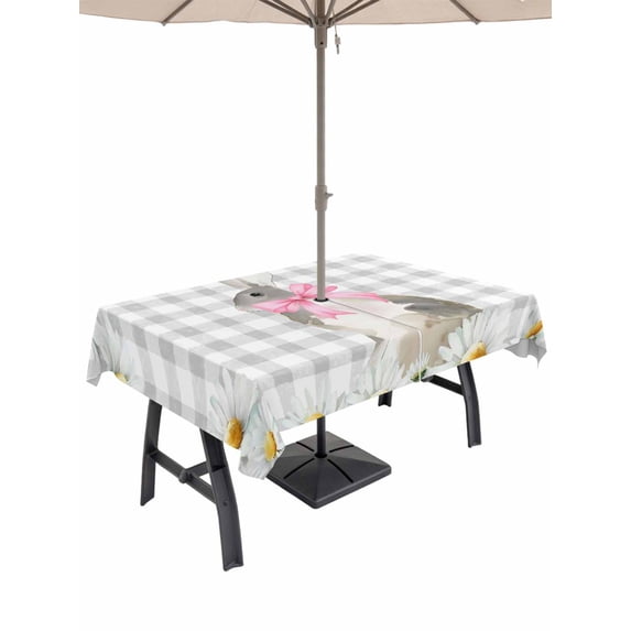 Blue Easter Bunny Outdoor Tablecloth - 60x120 Inch Rectangle Dining Table Cover, Spring Daisy Modern Gray Buffalo Plaid Waterproof Outdoor Table Cloth with Umbrella Hole & Zipper for Picnic/Patio