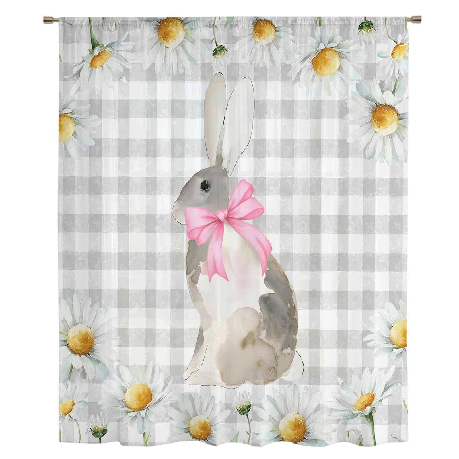 Blue Easter Bunny Sheer Curtains 96" Long, Spring Daisy Modern Gray ...