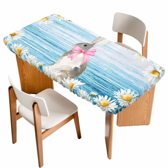 Blue Easter Bunny Table Cloths for 5 Foot Rectangle Tables, Spring Daisy Modern Ombre Striped Patio Waterproof Elastic Fitted Tablecloths, Washable Rectangular Table Cover for Camping