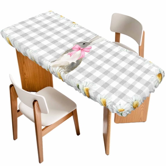 Blue Easter Bunny Table Cloths for 8 Foot Rectangle Tables, Spring Daisy Modern Gray Buffalo Plaid Patio Waterproof Elastic Fitted Tablecloths, Washable Rectangular Table Cover for Camping