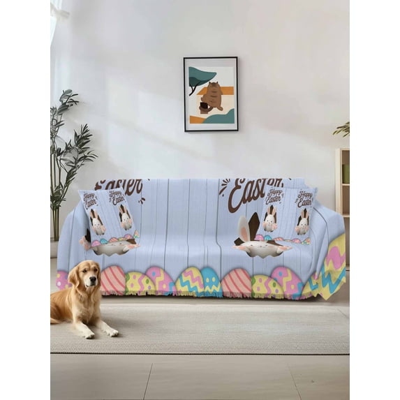 Blue Easter Couch Cover, Spring Cartoon Bunny Colorful Eggs Wood Grain Sofa Cover Blanket for 3 Cushion Couch, Sectional Sofa Slipcover Furniture Protector for Living Room Bedroom 71''x134''