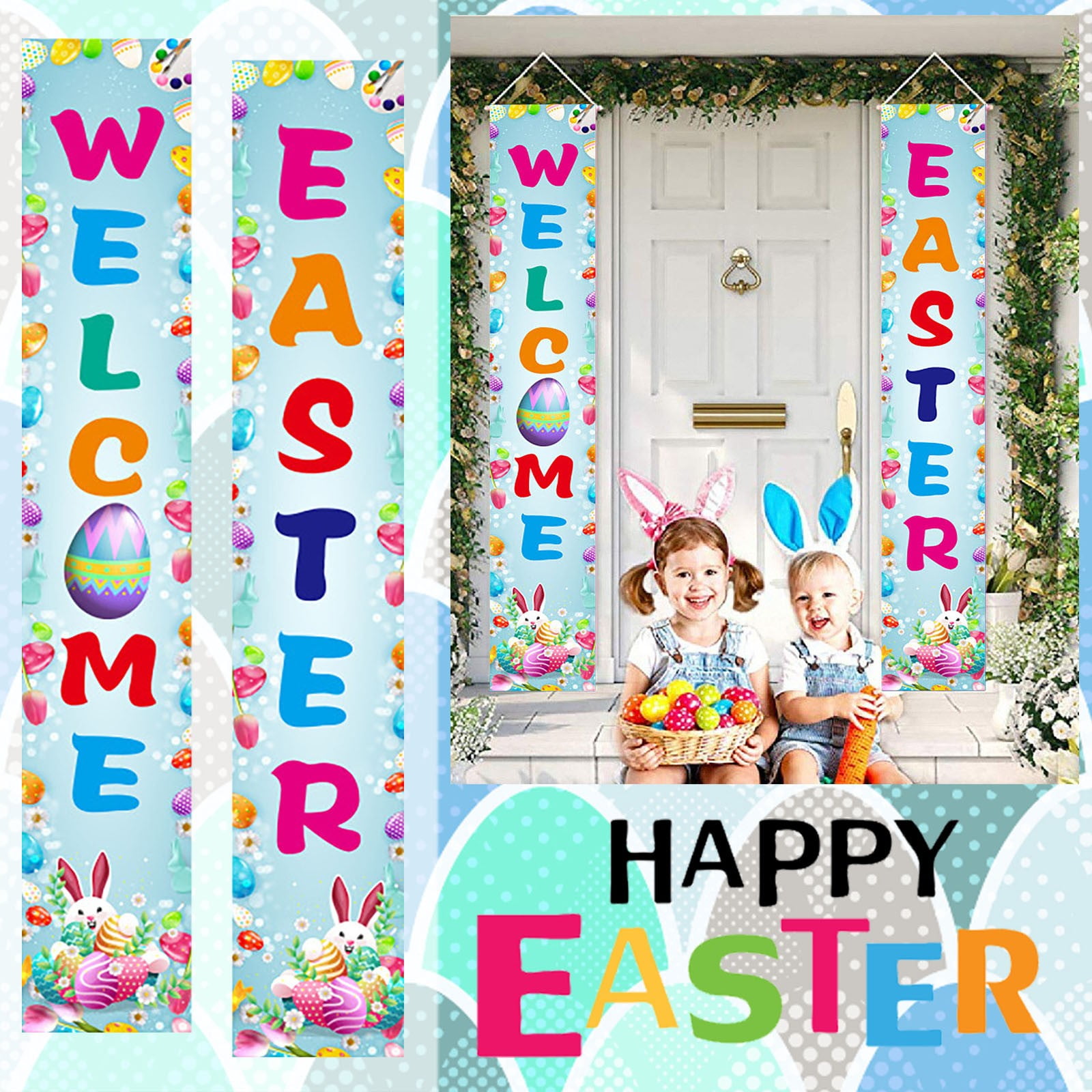 Blue Easter Decorations Banner Porch Sign Hanging Front Door