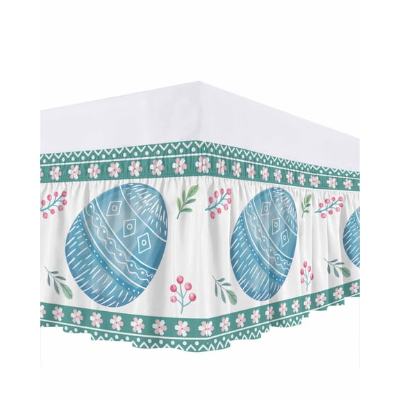Blue Easter Egg Bed Skirt Queen Size 16 Inch Drop, Spring Pink Floral Leaf Plant Abstract Green Border Adjustable Elastic Dust Ruffles Bedskirt for Queen Bed Wrap Around Pleated Mattress Frame Cover