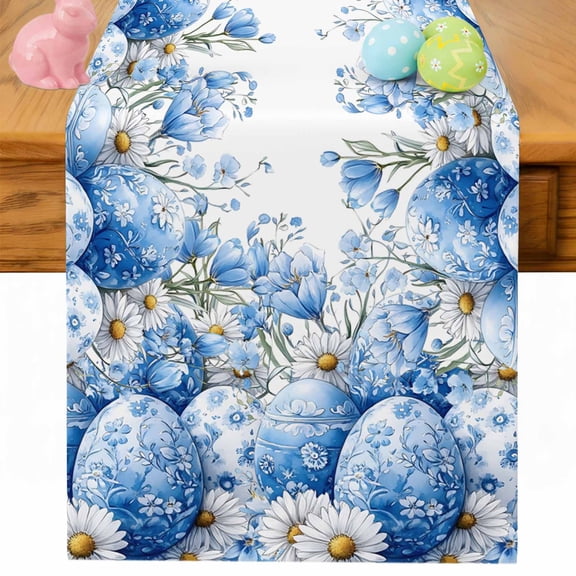 Blue Easter Egg Table Runner 48 Inches Long for Kitchen Dining, Daisy Flower Spring Tulip Floral Leaves Dresser Scarf Farmhouse, Dining Table Decorations for Wedding/Parties, 13 x 48 In