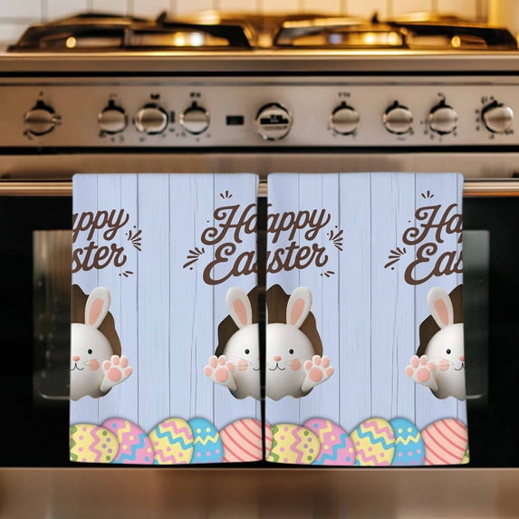 Blue Easter Kitchen Towels Set of 1, Spring Cartoon Bunny Colorful Eggs Wood Grain Absorbent Dish Towels for Kitchen, Microfiber Hand Towel, Quick Drying Tea Towel for Cleaning Decorative Dishcloths