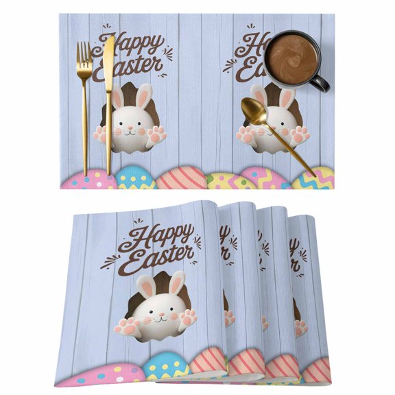 Blue Easter Placemats Set of 12 Spring Cartoon Bunny Colorful Eggs Wood Grain Place Mats Indoor Wipeable Table Mats Washable Dining Table Placemats for Kitchen Holiday Party Home Decor 13x19 Inch