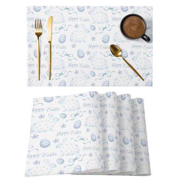 Blue Easter Placemats Set of 8, Watercolor Spring Bunny Eggs Flowers Placemats for Dining Table, Place Mats for Kitchen Tabletop, Waterproof Wipeable Dining Table Mats Set