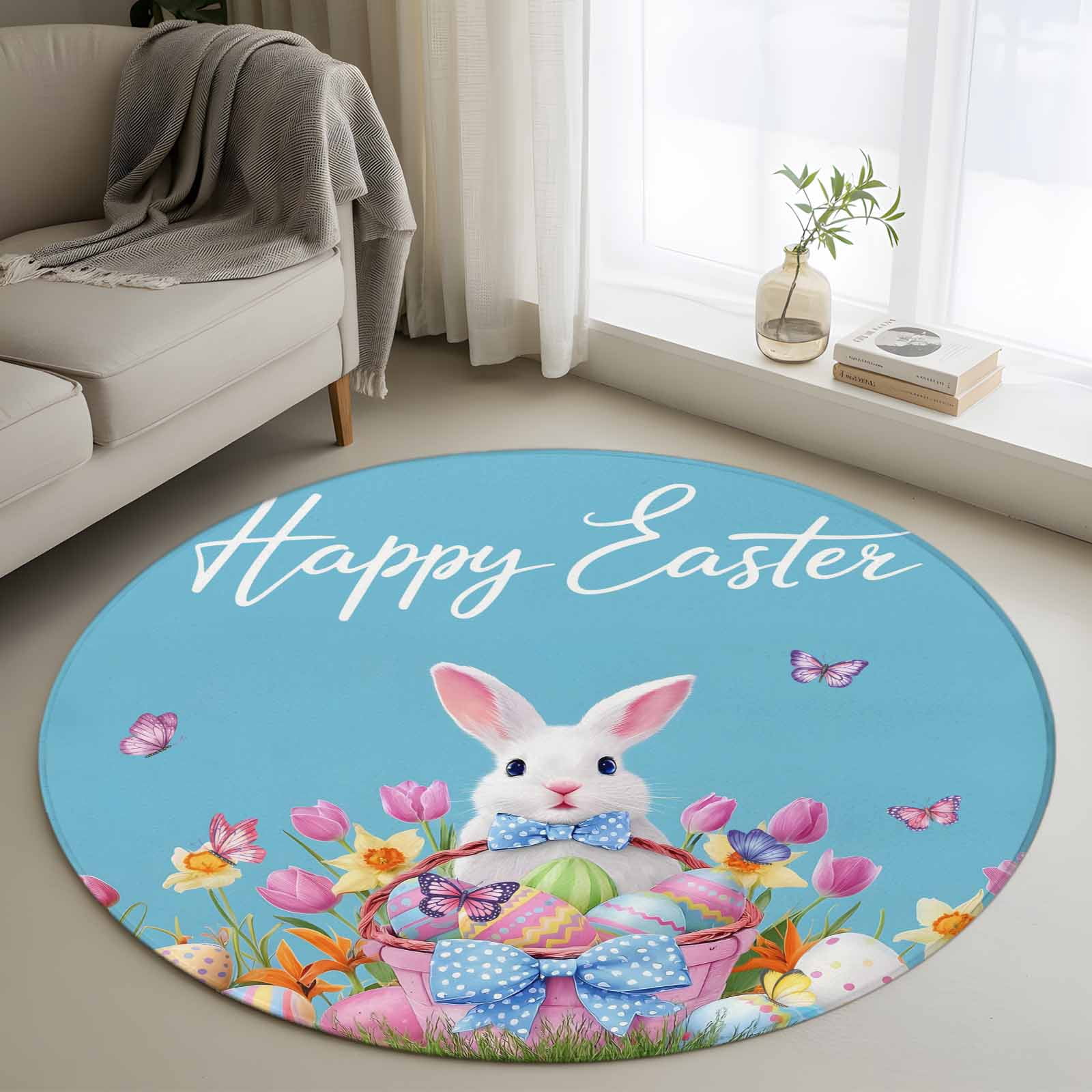 Easter Decor Rug Blue Easter Round Area Rug 3.3Ft Washable Circle Rugs for Dining Room ...