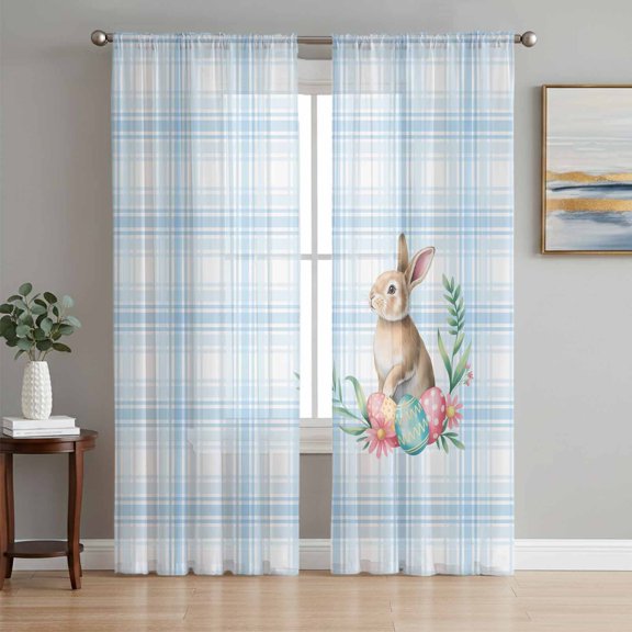 Blue Easter Sheer Curtains 72 Inch Length 2 Panels Set Window Treatments, Bunny Eggs Spring Floral Stripes Farmhouse Rod Pocket Semi Curtains for Living Room/Bedroom/Kitchen Décor, 104"W x 72"L
