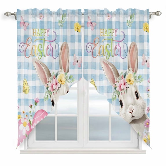 Blue Easter Swag Valances for Windows 2 Pack, Kitchen Window Curtains 36 Inch Length, Spring Easter Bunny Eggs Floral Buffalo Plaid Privacy Swag Curtains for Living Room/Bathroom 36"x36"