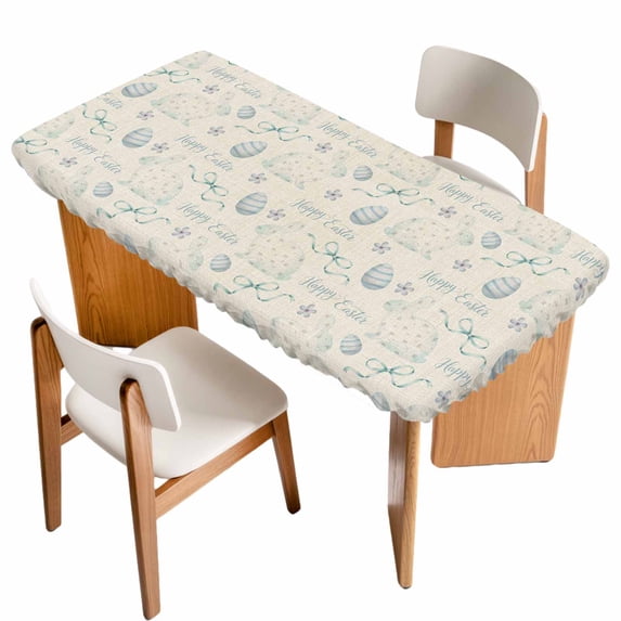 Blue Easter Table Cloths for 3 Foot Rectangle Tables, Spring Farmhouse Vintage Bunny Eggs Beige Patio Waterproof Elastic Fitted Tablecloths, Washable Rectangular Table Cover for Camping