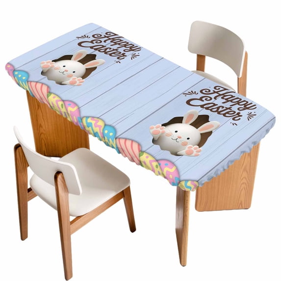 Blue Easter Table Cloths for 4 Foot Rectangle Tables, Spring Cartoon Bunny Colorful Eggs Wood Grain Patio Waterproof Elastic Fitted Tablecloths, Washable Rectangular Table Cover for Camping