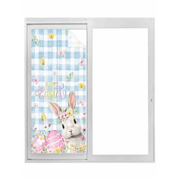 Blue Easter Window Privacy Film, Spring Easter Bunny Eggs Floral Buffalo Plaid Static Cling UV Sun Blocking Tint Film Heat Control Windows Films for Bedroom Bathroom, Window Stickers 35.4"x78.7"