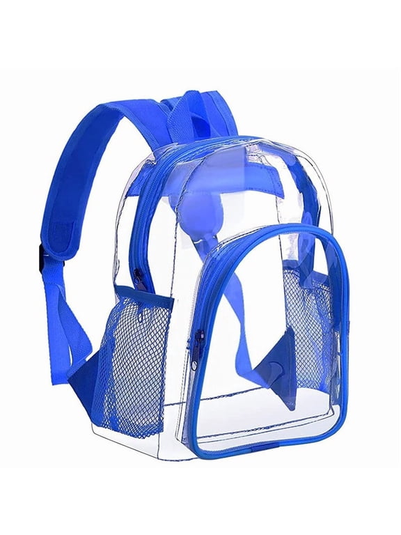Blue Edged Clear Vinyl Carry Backpack With Multi Compartments, Stadium-Certified Transparent Storage Pack For Concert Festival Sports Match Beach Outdoor Adult Daily Use(M)