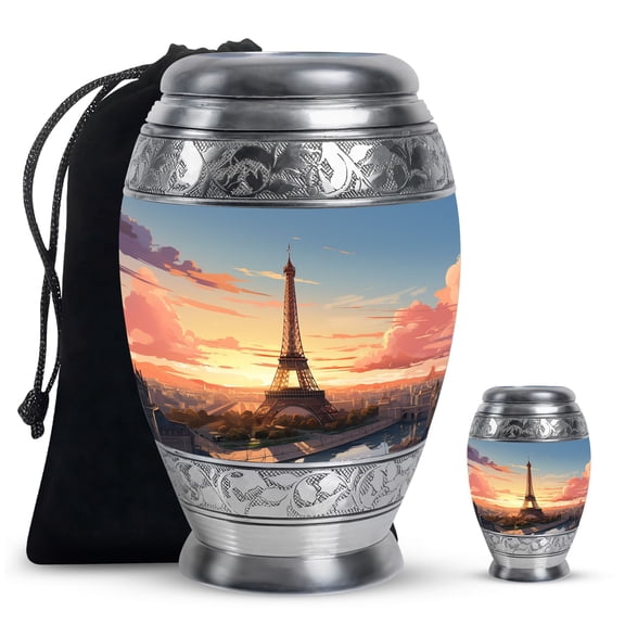 Blue Eiffel Tower Unique Urns For Ashes Adult Men - Memorial Large And Tiny Urn For Human Ashes Adult Mom - Cremation Gift For Decorative - Combo 10Inch 200Lbs And 3Inch 2Tbsp Capacity
