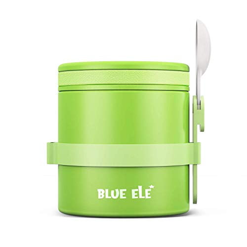 Blue Ele Leakproof, Vacuum Insulated Thermos Hot Lunch Containers with Ceramic-Coated Stainless Steel, Easy Grip Lid, and Folding Spoon (13.5oz)