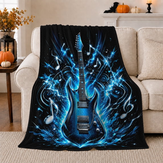 Blue Electric Guitar with Lightning Sparks, Energetic Graphic Style for Guitar Lovers, Rock Power Burst and Father's Day Gift, Cozy Flannel Blanket for Music Room and Bedroom, Home Decor