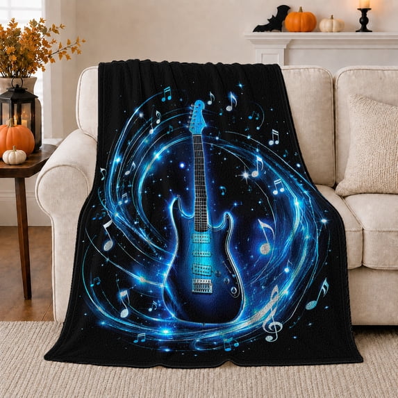 Blue Electric Guitar with Music Notes, Energetic Graphic Style for Guitar Lovers, Neon Sound Swirl and Father's Day Gift, Cozy Flannel Blanket for Music Room and Bedroom, Home Decor