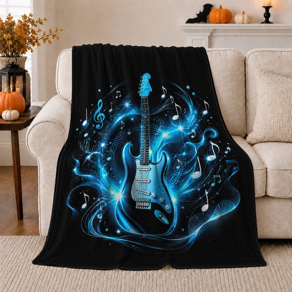 Blue Electric Guitar with Treble Swirls, Dynamic Graphic Style for Guitar Lovers, Neon Rock Melody and Father's Day Gift, Soft Flannel Blanket for Music Room and Bedroom, Home Decor