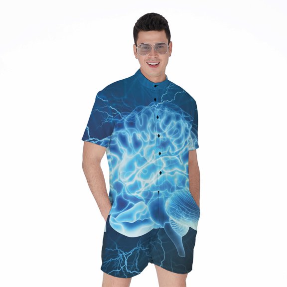 Blue Electrical Brain Activity Short Sleeve Men'S Rompers Casual Summer Jumpsuits Outfit