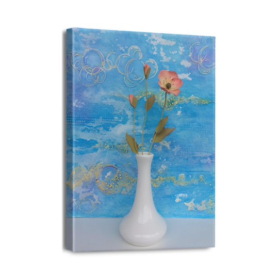 Blue Elegance Floral Wall Art Featuring Daisy in Indian Vase, Perfect Bathroom Decor, 12x16 Framed Canvas