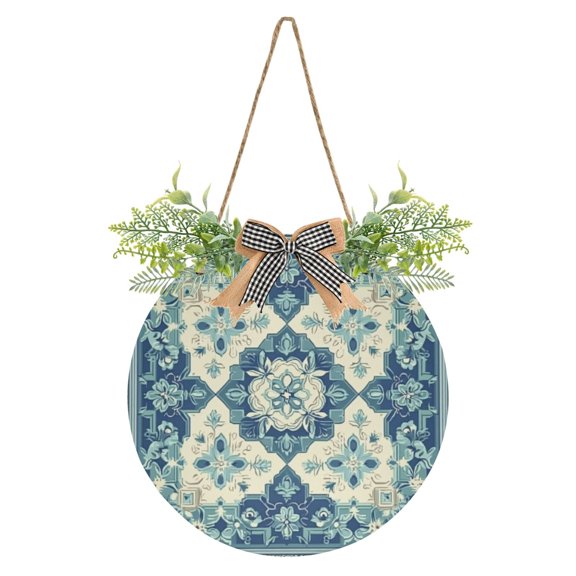 Blue Elegant Geometry Floral Front Door Porch Decoration Hanging Sign with Artificial Green Plants and Bow for Home Outdoor Indoor