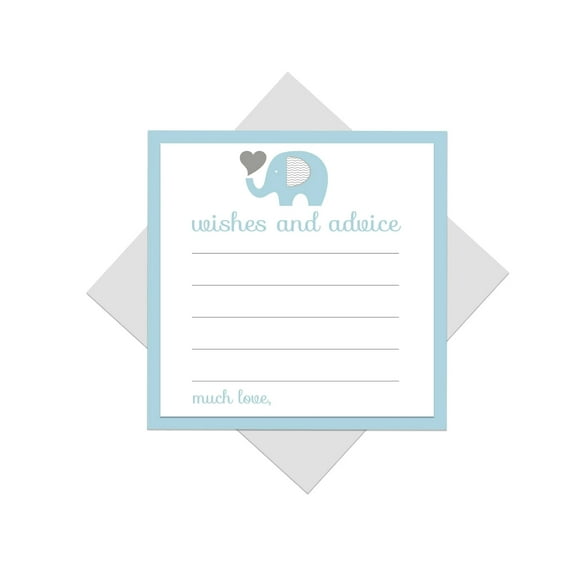 Blue Elephant Advice Cards (25 Pack) Wishes for Baby Shower Games - Kids Birthday Party Time Capsule - Jungle Animal Themed - 4x4 Size Set - Paper Clever Party