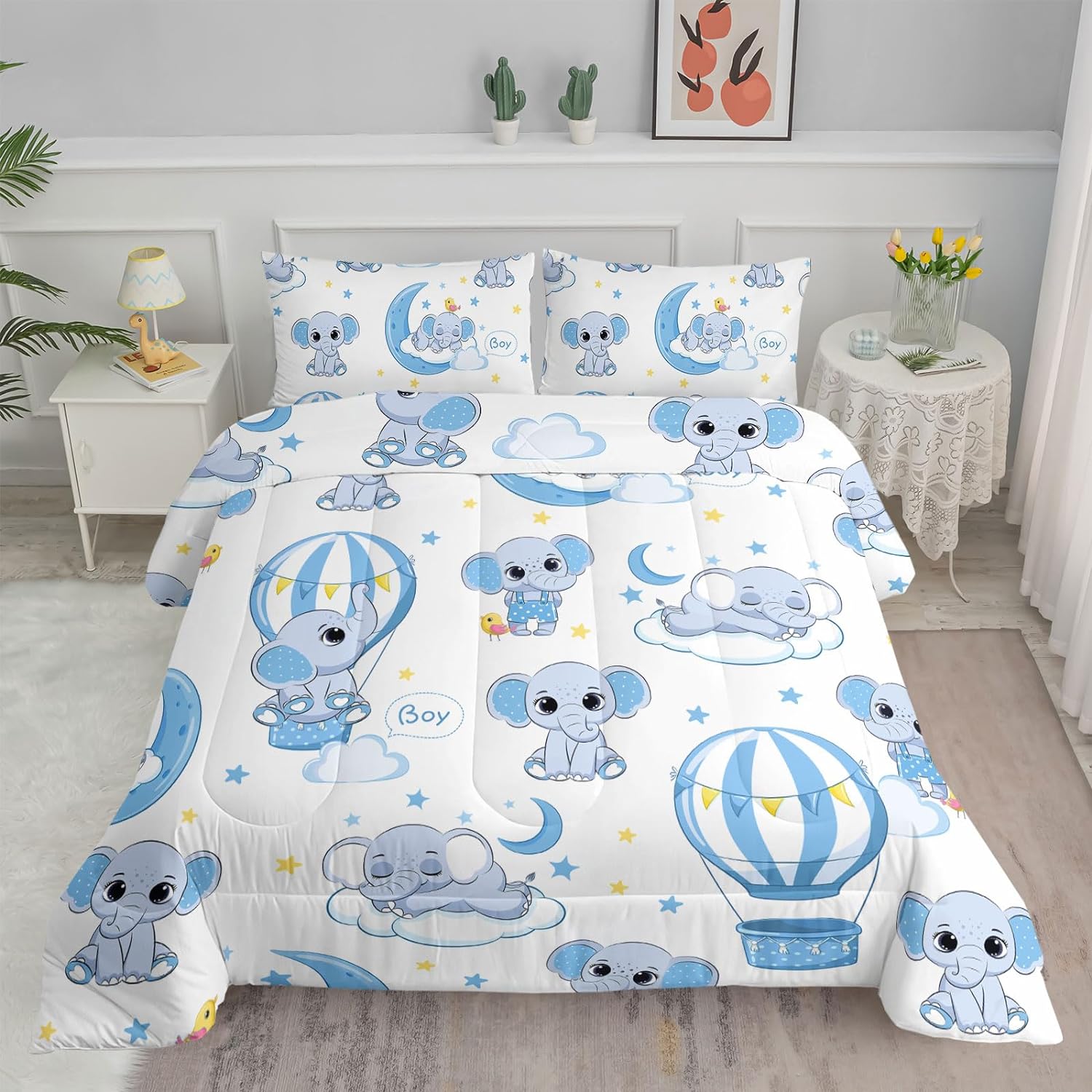 Blue Elephant Comforter Set Twin Size,Cute Cartoon Elephant Bedding Set