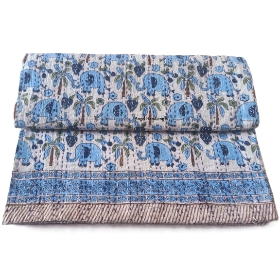 Blue Elephant Print kantha Quilt, Indian Handmade Cotton Bedspread, Reversible Queen Size Bedding AC Quilt Unique Gift