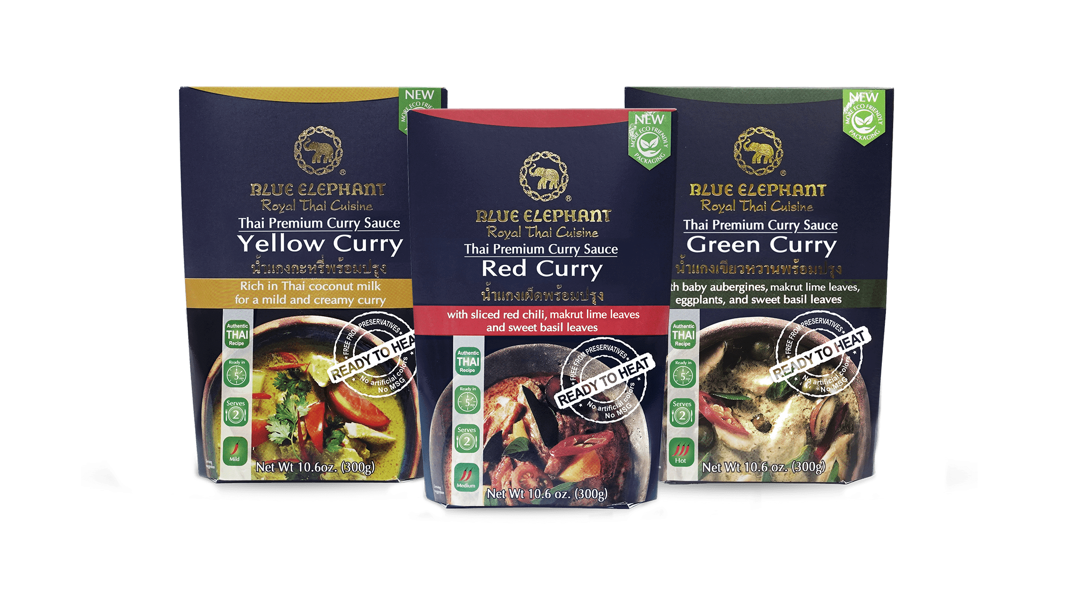 Blue Elephant Royal Thai Cuisine Variety Pack with One Each Yellow, Red and Green 300g Curry Sauce