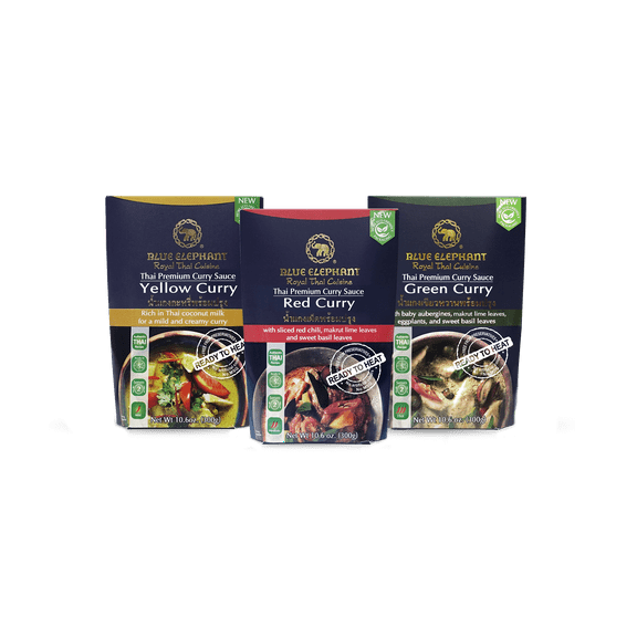 Blue Elephant Royal Thai Cuisine Variety Pack with One Each Yellow, Red and Green 300g Curry Sauce