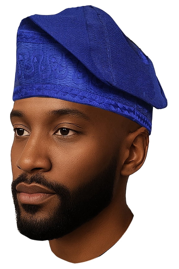 Blue Embroidered African Hand woven Aso Oke Hat