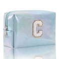 thumbnail image 1 of Blue Embroidered Makeup Travel Bag - Spacious Cosmetic Organizer with Alphabet Design, Toiletry Pouch for Women/Girls, 1 of 9