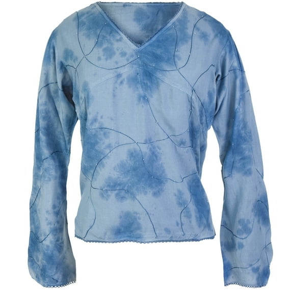 Blue Embroidered and Beaded Long Sleeve Blouse - Medium