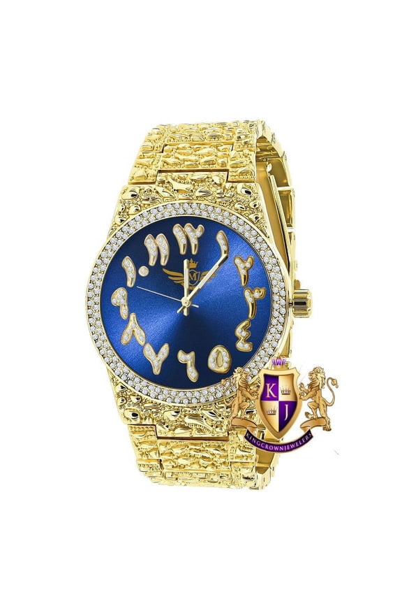 Blue Emerald Face Arabic Numeral Dial Yellow Gold Tone Simulated Diamond Nugget Style Men's Steel Watch 44mm