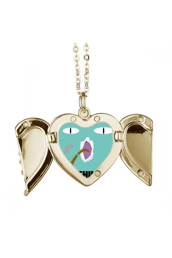 Blue Emotion Chill Smoke Cat Folded Wings Peach Heart Pendant Necklace
