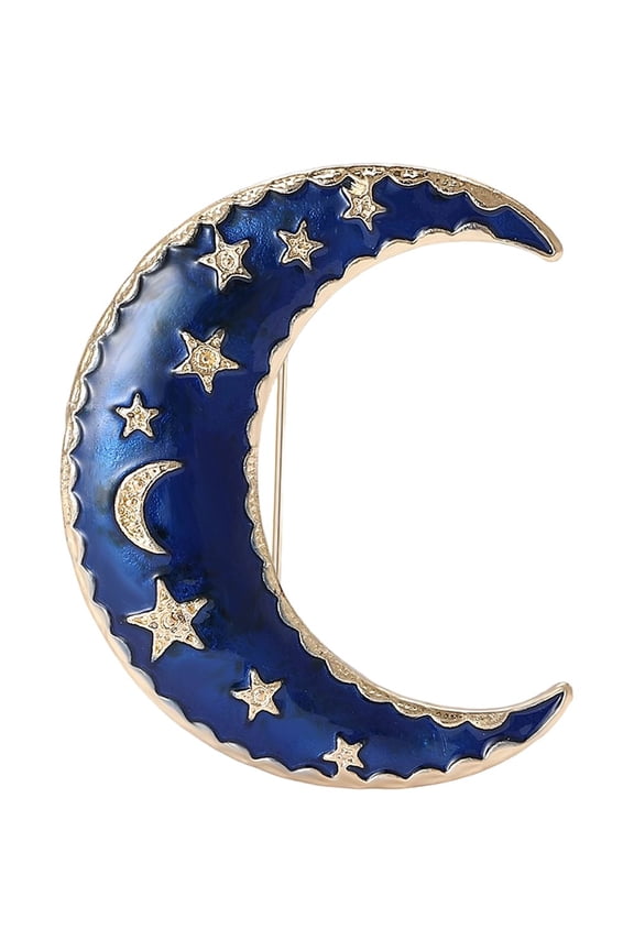 Blue Enamel Crescent Moon Brooch Pin with Sleeping Metal Stars – Celestial Night Jewelry for Women, Men Unique Gold Tone Vintage-Style Accessory