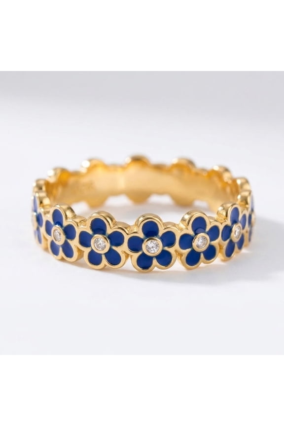 Blue Enamel & Diamond Flower Band Ring, Dainty Floral Ring, Stackable Art Deco Eternity Ring, April Birthstone Ring, Engagement Ring, Handmade Jewelry