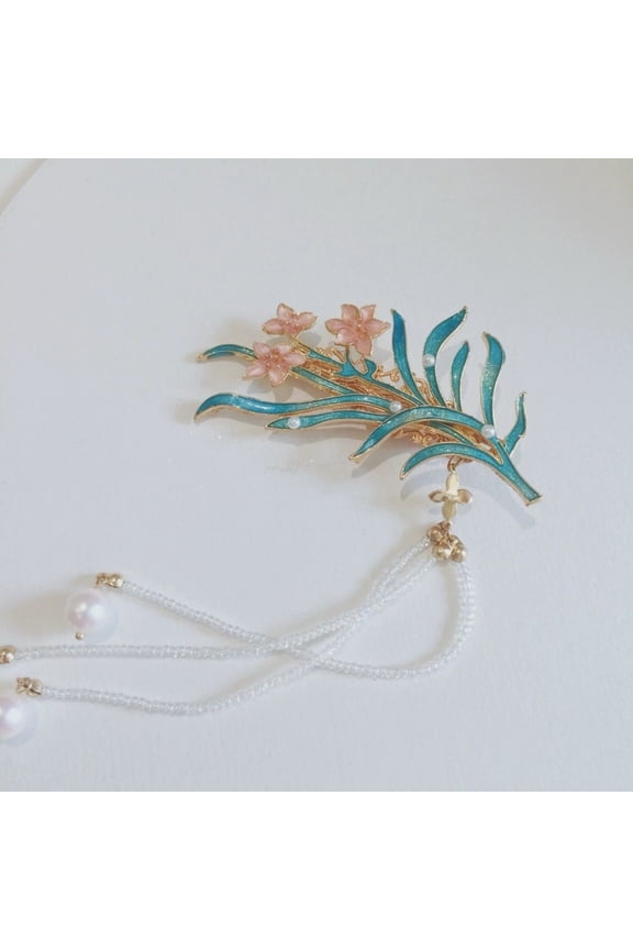 Blue Enamel Floral Side Hair Clip Long Tassel Hanfu Qipao New Chinese Style