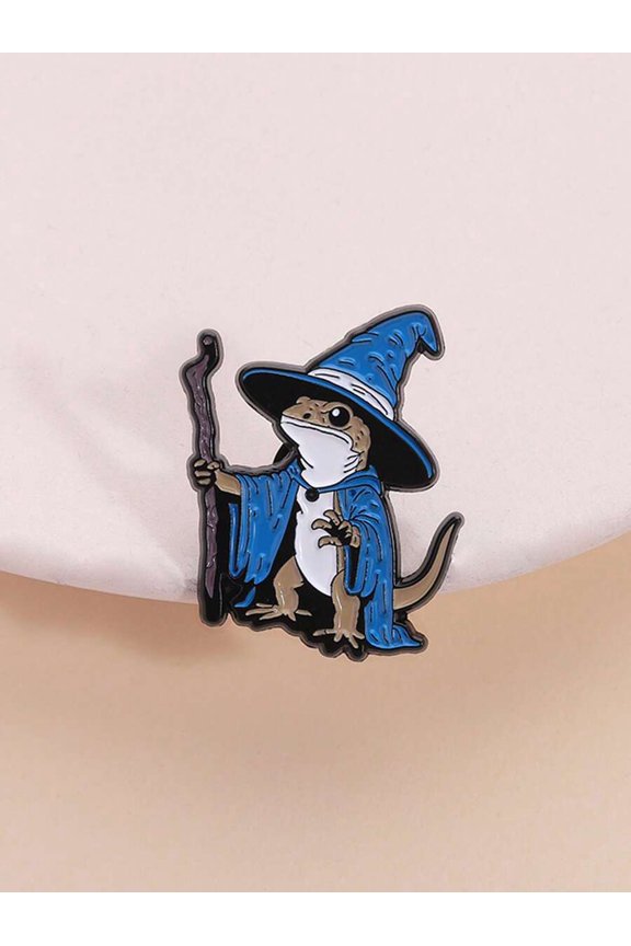 Blue Enamel Wizard Lizard Brooch Pin With Staff And Hat Design
