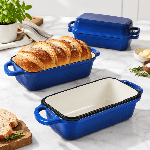 Blue Enameled Cast Iron 9 x 5 Inch Bread Loaf Pan With Lid For Baking